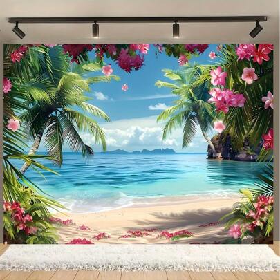 1pc Hawaiian Beach Background, Tropical Floral Palm Design, Ocean Beach Photography Backdrop, Suitable For Hawaiian Party Decor, Indoor And Outdoor Use