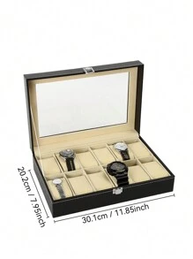 1个12格PU皮革可锁手表收纳盒，男女通用珠宝展示抽屉盒，带玻璃盖的手表收纳展示柜（黑色）大容量皮革手表盒，珠宝收纳展示盒 - 情人节礼物 - 黑色 - 查看 14