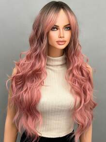 Perruque synthétique à mèches papillon de 26 pouces, perruque bouclée longue rose avec franges, cheveux en fibre synthétique, perruque de remplacement de cheveux pour femmes et filles, perruque synthétique sans dentelle