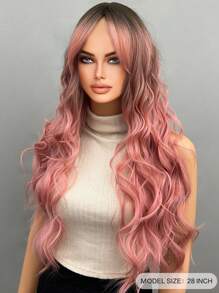 Perruque synthétique à mèches papillon de 26 pouces, perruque bouclée longue rose avec franges, cheveux en fibre synthétique, perruque de remplacement de cheveux pour femmes et filles, perruque synthétique sans dentelle