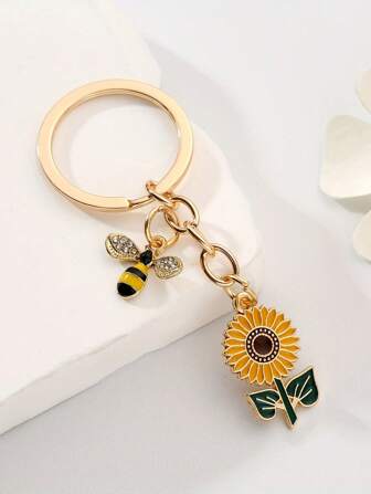 1个女士可爱向日葵蜜蜂钥匙扣，创意合金吊坠钥匙圈，背包挂件，多功能汽车包包配件，送朋友的礼物