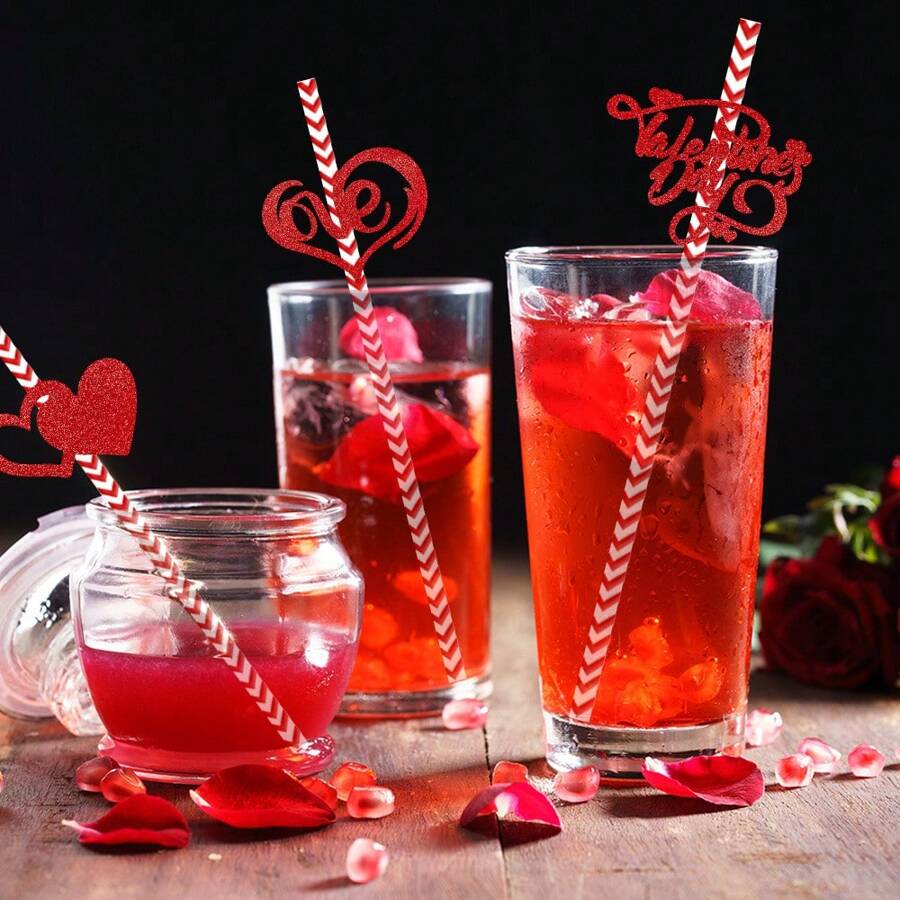 24pcs Valentine's Day Decoration Props Heart-Shaped Disposable Paper Drinking Straws