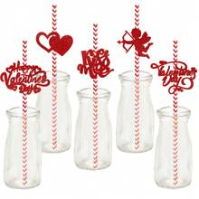 24pcs Valentine's Day Decoration Props Heart-Shaped Disposable Paper Drinking Straws