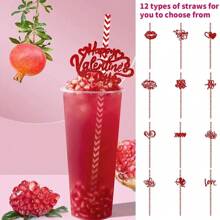 24pcs Valentine's Day Decoration Props Heart-Shaped Disposable Paper Drinking Straws