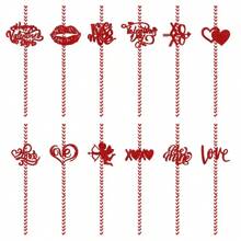 24pcs Valentine's Day Decoration Props Heart-Shaped Disposable Paper Drinking Straws