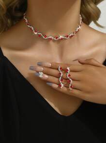 Conjunto de 4 piezas de accesorios de boda de tono dorado con perlas falsas, diamantes de imitación y collar de tachuelas con colgante de circonita cúbica ajustable, gargantilla, brazalete y aretes con elementos de baile