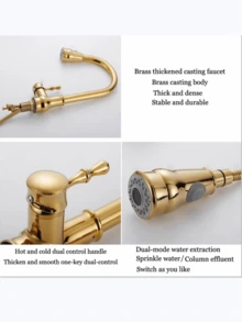 Grifo de cocina con mezclador de agua caliente y fría, rotación de latón dorado, boquilla extraíble, un solo palanca - Dorado - Ver 5