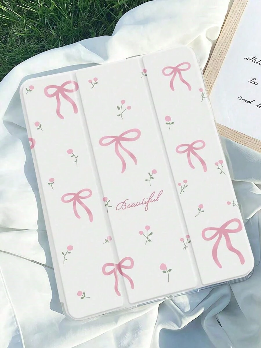 花卉蝴蝶结三折支架保护套，防震保护套，适用于 iPad 10、iPad Air 4/5 10.9 英寸、iPad 9.7 英寸、iPad Pro 11 英寸、2022/2021、iPad 9/8/7、10.2 英寸 - 白色 - 查看 1