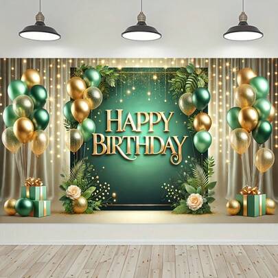 1 件绿色和金色主题生日派对横幅，聚酯纤维背景，带气球和植物装饰，非常适合庆祝和摄影，春节装饰，无需电源