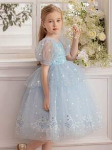 Rochie elegantă de prințesă de gheață cu mâneci bufante din tul și paiete, potrivită pentru cadou de zi de naștere, banchet, petrecere de dans, festival