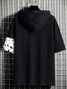 New Design Men Fashion Splash Ink Hooded Short Sleeve Hoodie - Black - View 3