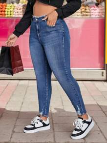 Talla grande Jeans ajustados desgarro, Jeans slim fit con diseño desgarrado y bolsillos sesgados, para tallas grandes, Pantalones Vaqueros De alle alto en azul con lavado claro De Talla Grande Con Patrón De Huella De Gato, Ultra Elásticos, Vaqueros elásticos con borde sin rematar en la cinturilla - Azul - Ver 4