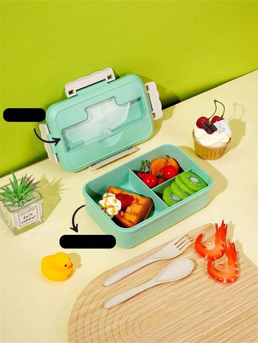 1pc Bento Box Lunch Box With Fork And Spoon, Home Use Meal Prep Container, Microwave Safe For Students And Working Adults