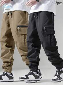 2pcs/Pack Men's Casual Versatile Simple Cargo Pants, Fall Clothes