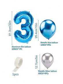 10 Pieces/Set Number Shape Balloons, Birthday Party, Blue Silver Metallic Decorative Balloons