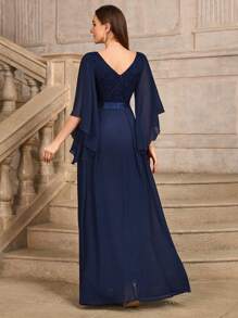 MIUSOL Vestido de noche con cuello en V profundo, mangas con diseño de mariposa, doblez y pliegues en el ruedo, para fiesta, invitada de boda o evento formal
