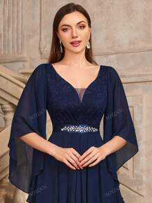 MIUSOL Vestido de noche con cuello en V profundo, mangas con diseño de mariposa, doblez y pliegues en el ruedo, para fiesta, invitada de boda o evento formal