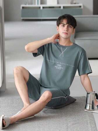 简约男士短袖短裤睡衣两件套家居服蓝色字母图案休闲青少年短袖短裤可外穿家居服两件套睡衣套装