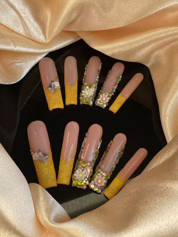 Ulepsz urok 10 sztuk zdejmowanych, ręcznie robionych, do noszenia paznokci, 55 mm, gwóźdź trumienny, trójwymiarowy motyl, ręcznie malowany francuski, trójwymiarowy, rzeźbiony puder cukrowy, bardzo odpowiedni na jesień i zimę, można go ponownie wykorzystać. Paznokcie dociskowe, artykuły do paznokci, paznokcie