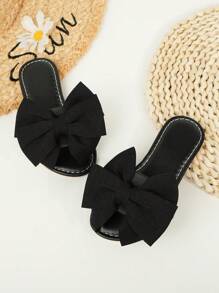 儿童女童蝴蝶结平底拖鞋，防滑软底，适合幼儿和大女孩，2025年夏季 - 黑色 - 查看 1