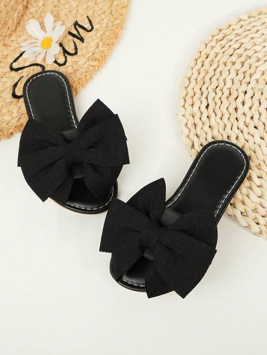 儿童女童蝴蝶结平底拖鞋，防滑软底，适合幼儿和大女孩，2025年夏季 - 黑色 - 查看 1