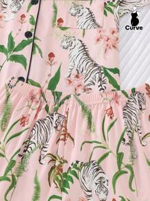 2 قطعة بيجامة للنساء ذوات الحجم الكبير مزينة بنقوش الأزهار والنمور، قميص بأكمام قصيرة وياقة وأزرار، وشورت خصر مطاطي، مناسبة لأصحاب الوزن الزائد، صالحة للحفلات العطلات، ارتداء داخل وخارج المنزل بالراحة - وردي - مشاهدة 6