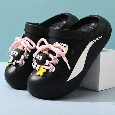 Women's Black Slippers With Cute Pom Pom, Pink Lace, Star Perforated, Cloud Floral Pattern, Breathable & Soft Beach Slides