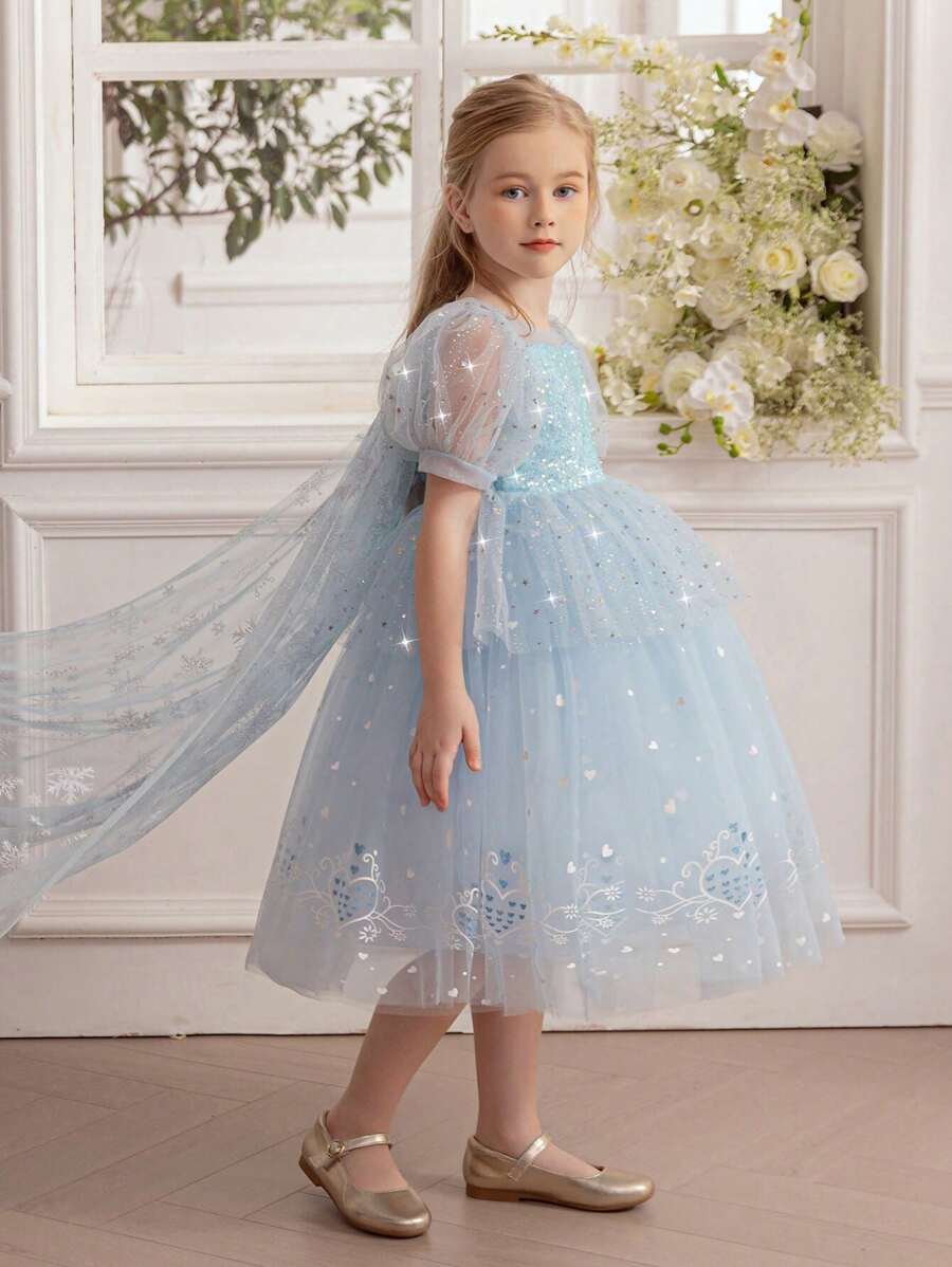 Rochie elegantă de prințesă de gheață cu mâneci bufante din tul și paiete, potrivită pentru cadou de zi de naștere, banchet, petrecere de dans, festival