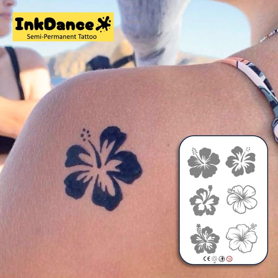 1 Kit "Hibiscus" Technology Tattoos, Semi-Permanent Tattoos, Temporary Tattoos, Long Lasting, Fake Tattoos, Water-Resistant, Authentic Tattoo Look, Plant-Based D091