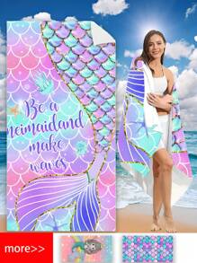 Ultrafine Fiber 250gsm Absorbent & Quick-Drying Colorful Mermaid Tail Printed Towel For Swimming, Bathing, Shawl, Cushion, Beach Towel. One Size 70*140cm Or Plus Size 90*180cm. 1pc.Summer Travel,Vacation Holiday Beach Essentials