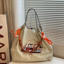 Fashion Shopping Bag Women's Shoulder Bag Nylon Fabric Bag Dog Embroidery Lightweight Storage Bag Commuter Bag Travel Backpack Large Capacity Tote
