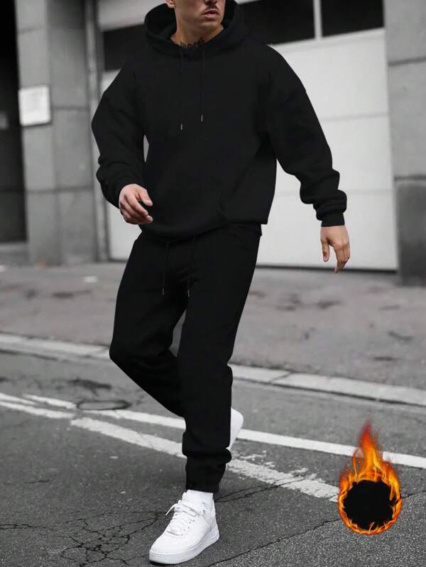 Men's Solid Color Drop Shoulder Long Sleeve Drawstring Hoodie And Sweatpants Casual Loose Suit Set, Autumn