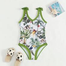 Tween Girls' New Palm Tree Print One-Piece Swimsuit - Army Green - View 1
