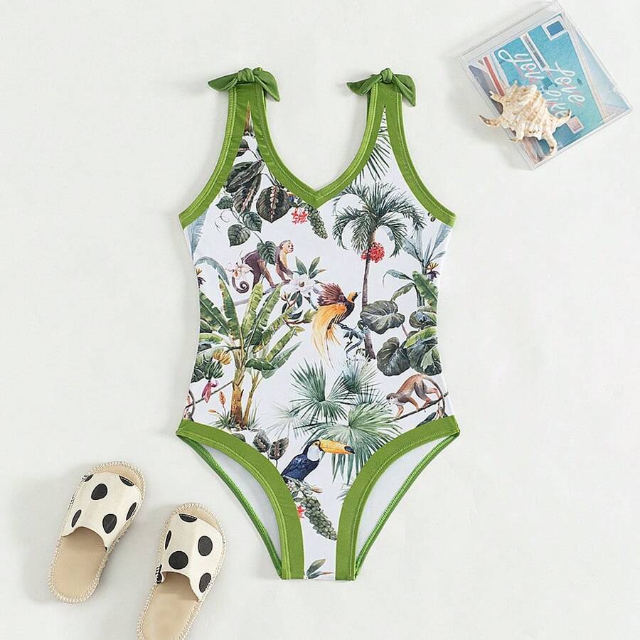 Tween Girls' New Palm Tree Print One-Piece Swimsuit - Army Green - View 1