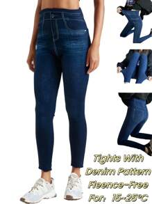Leggings casuais de efeito Denim para mulheres na primavera/outono, cintura alta elástica, ajuste slim, com bolsos falsos, confortável e versátil para fitness, corrida, exterior, rua, agachamentos profundos, ioga - Azul