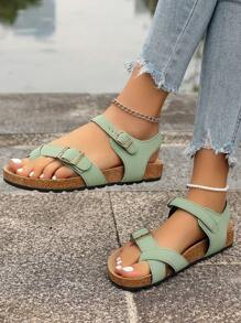 1 par de sandalias planas de mujer color verde menta con tira de tobillo, sandalias de punta abierta para playa/uso casual para vacaciones al aire libre