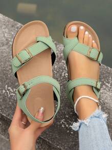 1 par de sandalias planas de mujer color verde menta con tira de tobillo, sandalias de punta abierta para playa/uso casual para vacaciones al aire libre