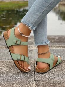 1 par de sandalias planas de mujer color verde menta con tira de tobillo, sandalias de punta abierta para playa/uso casual para vacaciones al aire libre