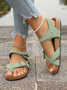1 par de sandalias planas de mujer color verde menta con tira de tobillo, sandalias de punta abierta para playa/uso casual para vacaciones al aire libre