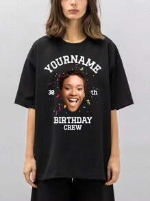客製化女款生日圓領T恤，可印照片與文字，時尚短袖圓領修身版上衣，夏季黑色復古風 - 黑色 - 查看 2