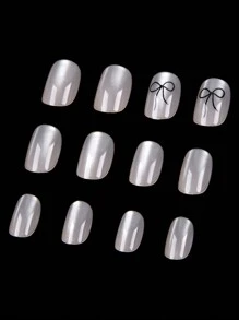 Transform Your Nails With 24pcs Casual Elegant Street Simple Daily Black Bow Pattern Transparent Base Cat Eyes Bling Bling Small Short Oval Press On Nails Fake Nail Kit,Suitable For Girls And Women With Delicate Personalities To Use In Daily Life And Shopping