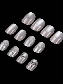 Transform Your Nails With 24pcs Casual Elegant Street Simple Daily Black Bow Pattern Transparent Base Cat Eyes Bling Bling Small Short Oval Press On Nails Fake Nail Kit,Suitable For Girls And Women With Delicate Personalities To Use In Daily Life And Shopping