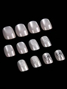 Transform Your Nails With 24pcs Casual Elegant Street Simple Daily Black Bow Pattern Transparent Base Cat Eyes Bling Bling Small Short Oval Press On Nails Fake Nail Kit,Suitable For Girls And Women With Delicate Personalities To Use In Daily Life And Shopping