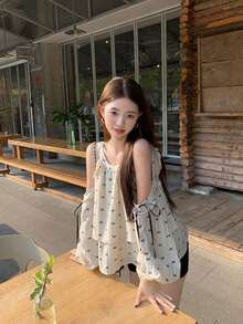 露肩宽松蝴蝶印花短款长袖上衣，少女风 - 杏色 - 查看 3