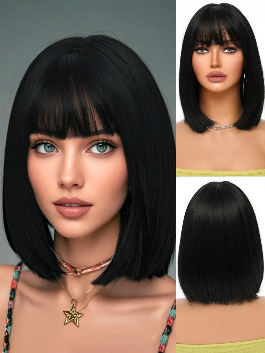 Black Wig Short Bob Wig Women Short Straight Hair Natural Look Costume Wig With Bangs Soft Natural Synthetic Heat Resistant Wig For Party Cosplay Halloween Christmas Wig Carnival 12 Inch Easily Wear