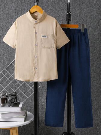 儿童春夏亚麻立领短袖衬衫和裤子两件套，男童休闲、透气、舒适服装