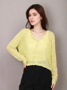 1pc Women Loose V-Neck Hollow Knit Shrug Cover Up, Versatile Long Sleeve Lightweight Ice Silk Sun Protection Kimono Outwear - Multicolor - View 9