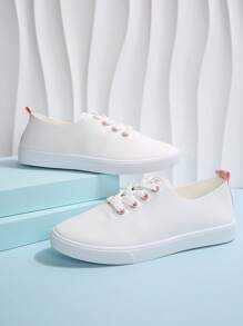 Women's White Classic PU Leather Casual Shoes, Low-Top Lace-Up Comfortable Student Sneakers, Breathable, Soft, Low-Top Flat Heel, Suitable For School, Work, Running, Party, Shopping, Hiking, Street Dance, All-Day Wear Sports & Leisure Shoes - White - View 6