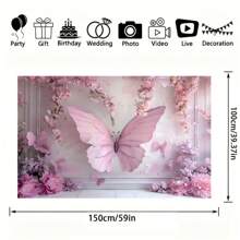 Pink Princess Butterfly & Floral Birthday Party Background - Wall Decor For Celebration Event, Happy Birthday Theme, European Style Photo Backdrop - 1pc - View 3