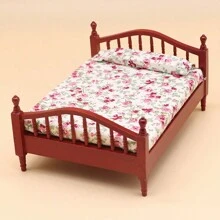 1pc Miniature European Style Wooden & Fabric Doll House Bedroom Furniture Set, Double Bed & Nightstand, Suitable For Doll House Play, Birthday Gifts, Christmas Gifts